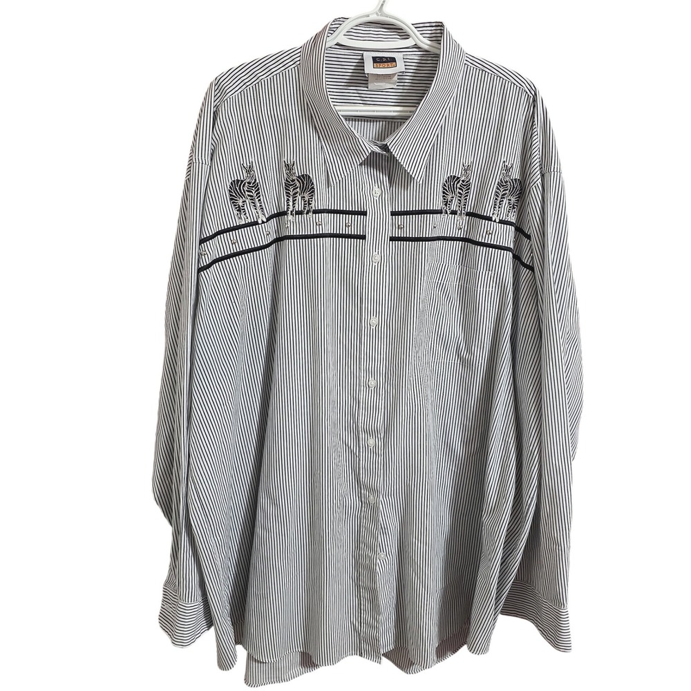 C.S.T. Sport Zebra Embroidered Pinstripe Button Down Shirt Animal Zookeeper